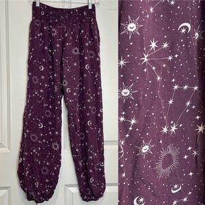 Lotus & Luna Purple Celestial Sun Moon Star Smock Waist Boho Harem Pants S